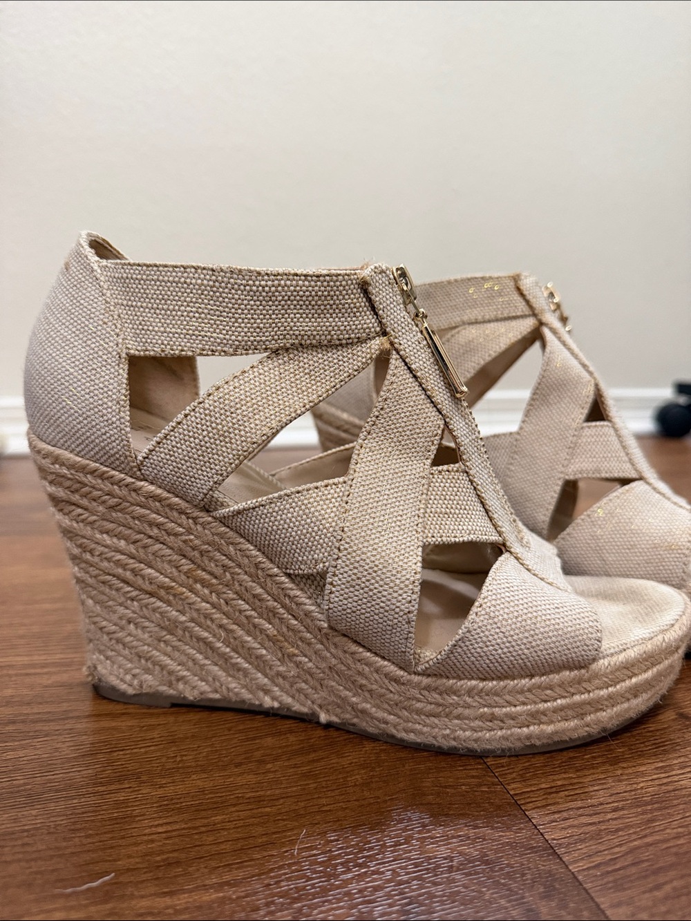 Beige Canvas Espadrille Wedge Sandals with Front Zip